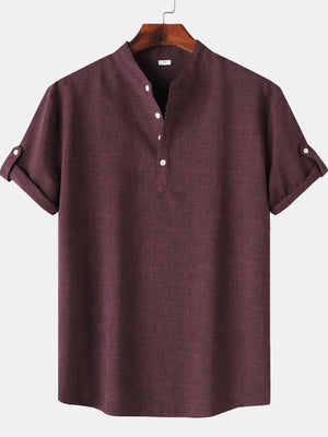 Men's Casual Linen Blend Mandarin Collar Short Sleeve Henley Shirt