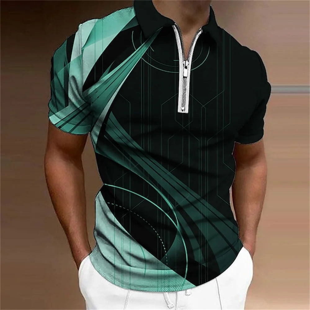 Men'S Zip Polo Lapel Polo Shirt Golf Shirts Graphic Prints Geometry Linear Turndown Short Sleeves Zipper Clothing Tops Designer