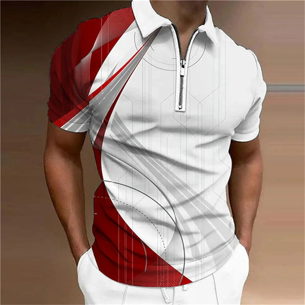 Men'S Zip Polo Lapel Polo Shirt Golf Shirts Graphic Prints Geometry Linear Turndown Short Sleeves Zipper Clothing Tops Designer