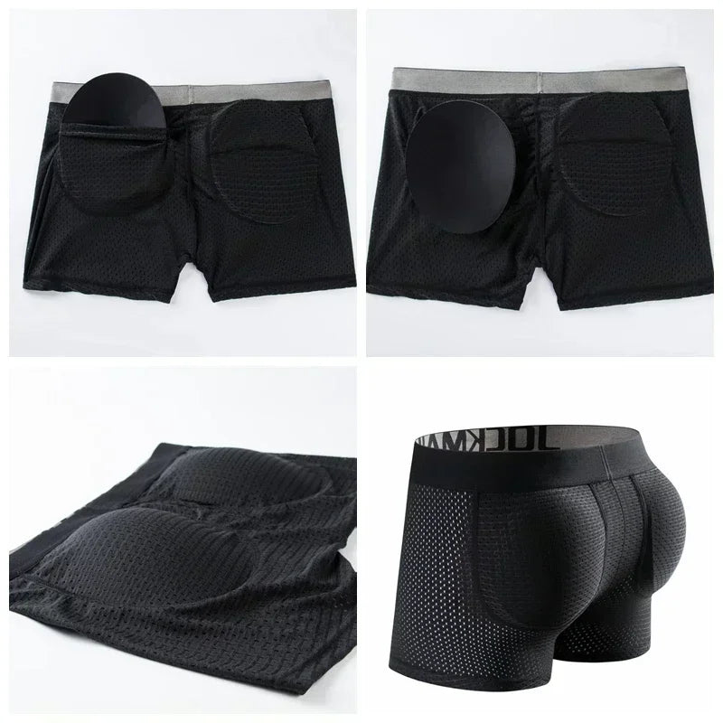 Men's Sexy Ice Mesh Breathable Butt Lift Boxer Briefs Underwear, Comfy Padded with Hip Pad Buttocks Trunk