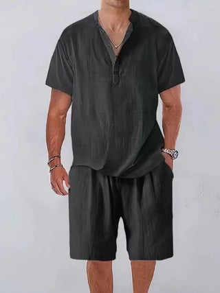 Men‘s Plus Size Button Detail Short Sleeve Top and Shorts Set