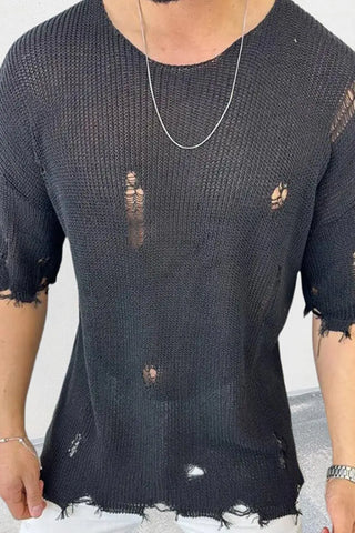 Men's Distressed Round Neck Knit Top