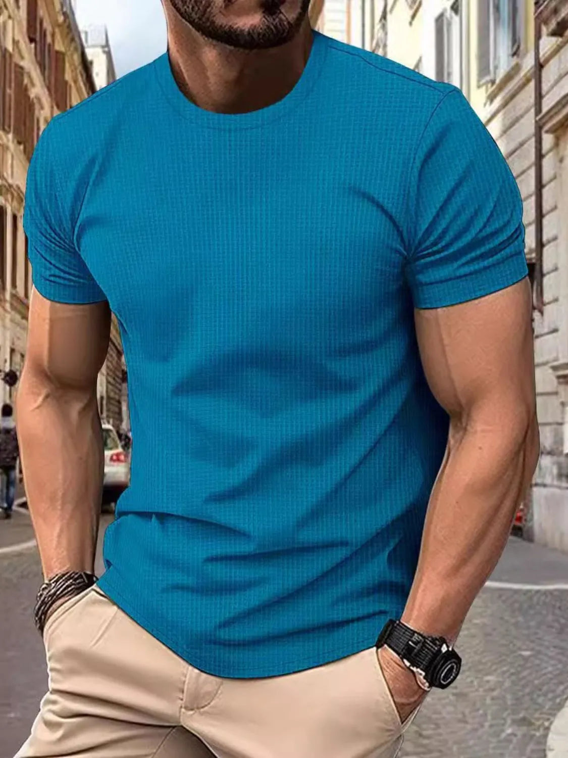 lifestyle shot – Men's Full Size Round Neck Short Sleeve T-Shirt Plus Size | Bara Bros