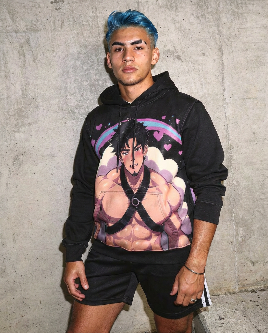 Kawaii Style Men's Long Sleeve Fleece Black Hoodie