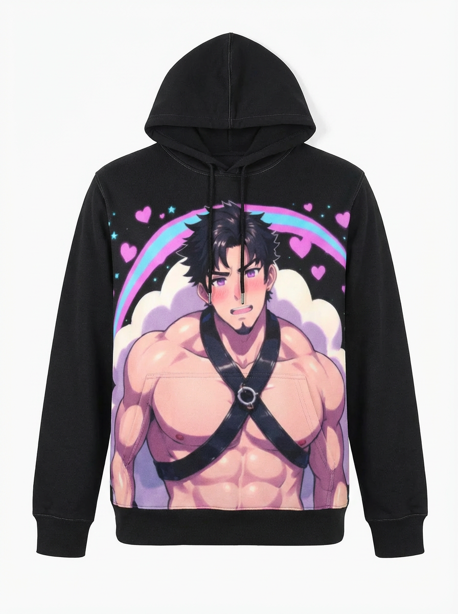 Kawaii Style Men's Long Sleeve Fleece Black Hoodie