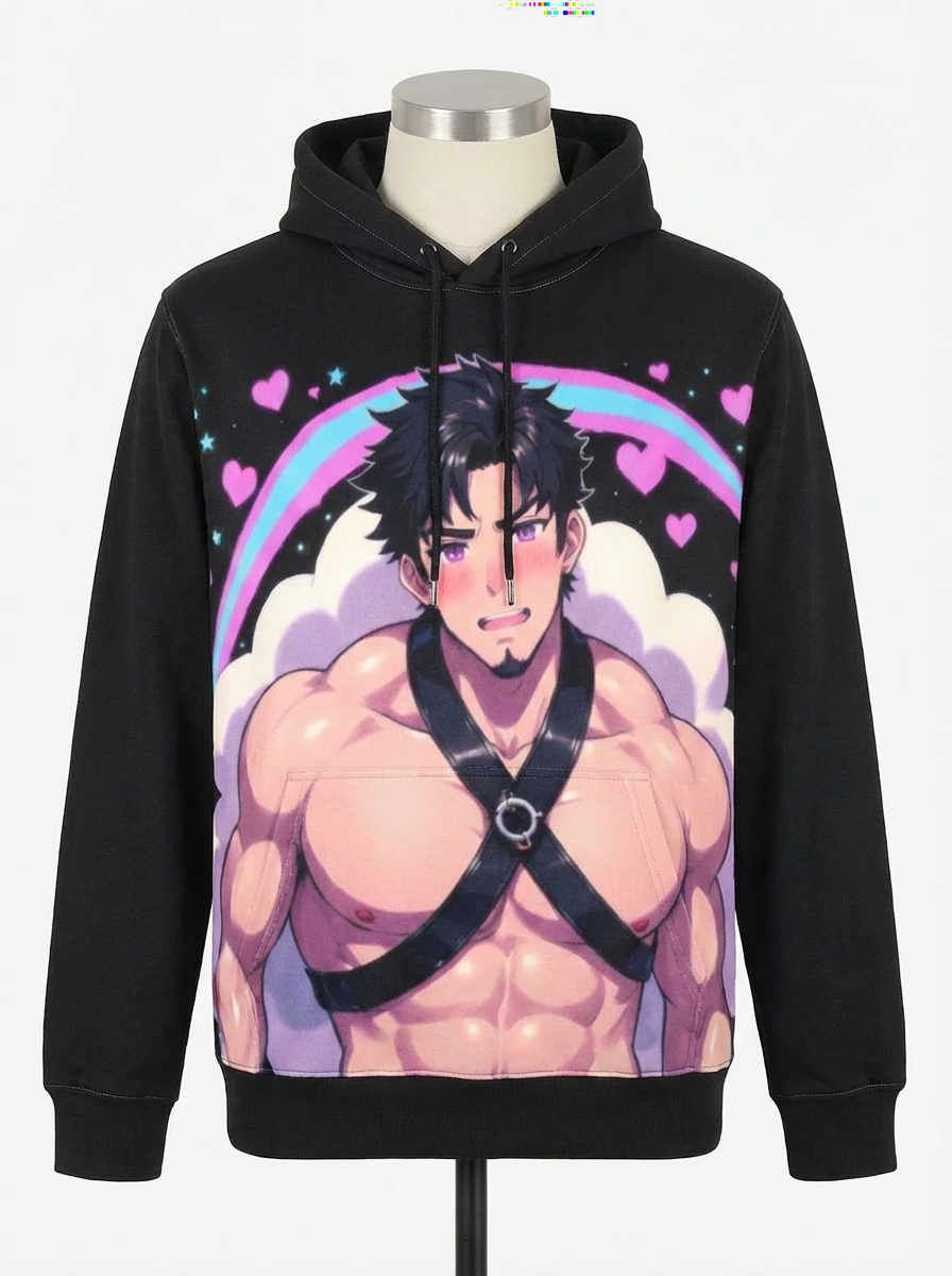 Kawaii Style Men's Long Sleeve Fleece Black Hoodie