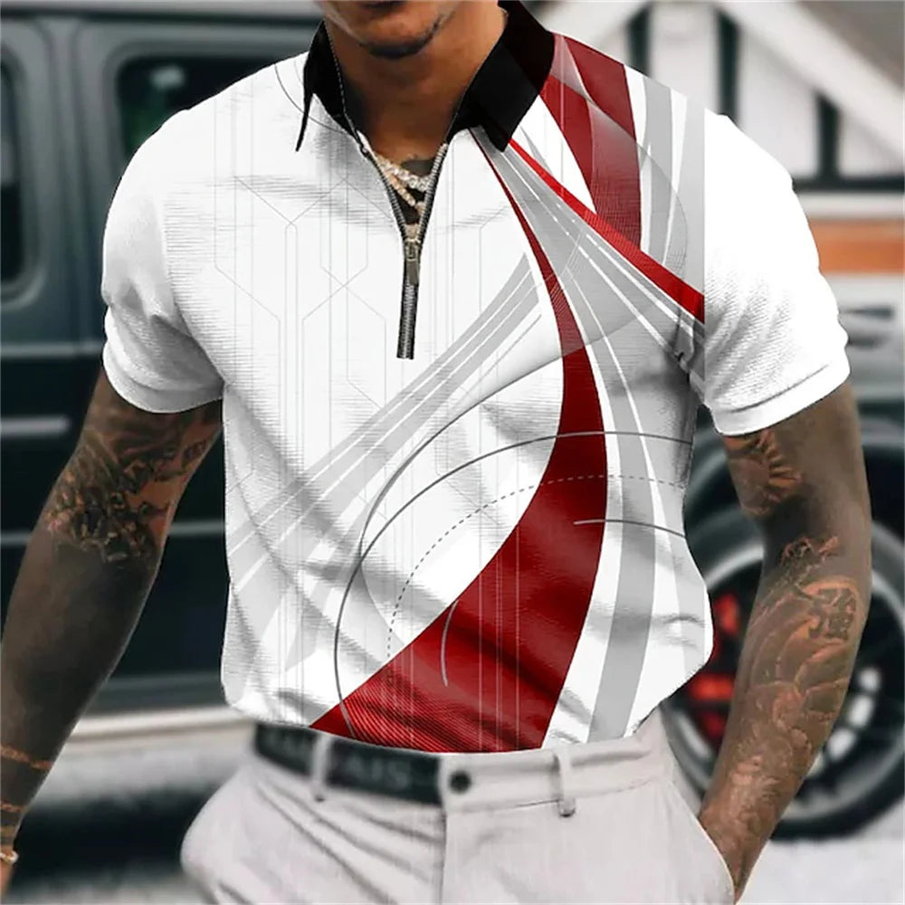 Men'S Zip Polo Lapel Polo Shirt Golf Shirts Graphic Prints Geometry Linear Turndown Short Sleeves Zipper Clothing Tops Designer