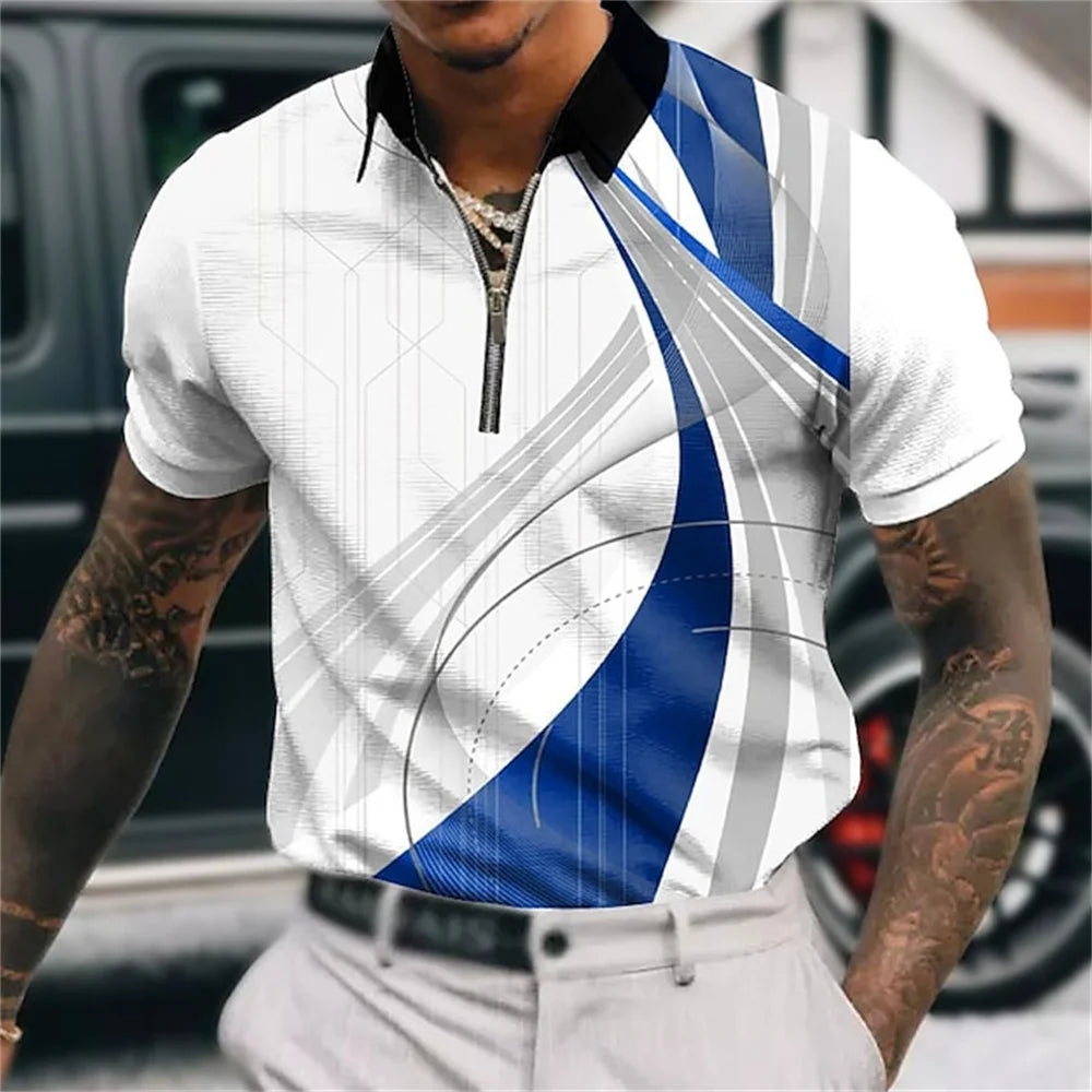 Men'S Zip Polo Lapel Polo Shirt Golf Shirts Graphic Prints Geometry Linear Turndown Short Sleeves Zipper Clothing Tops Designer