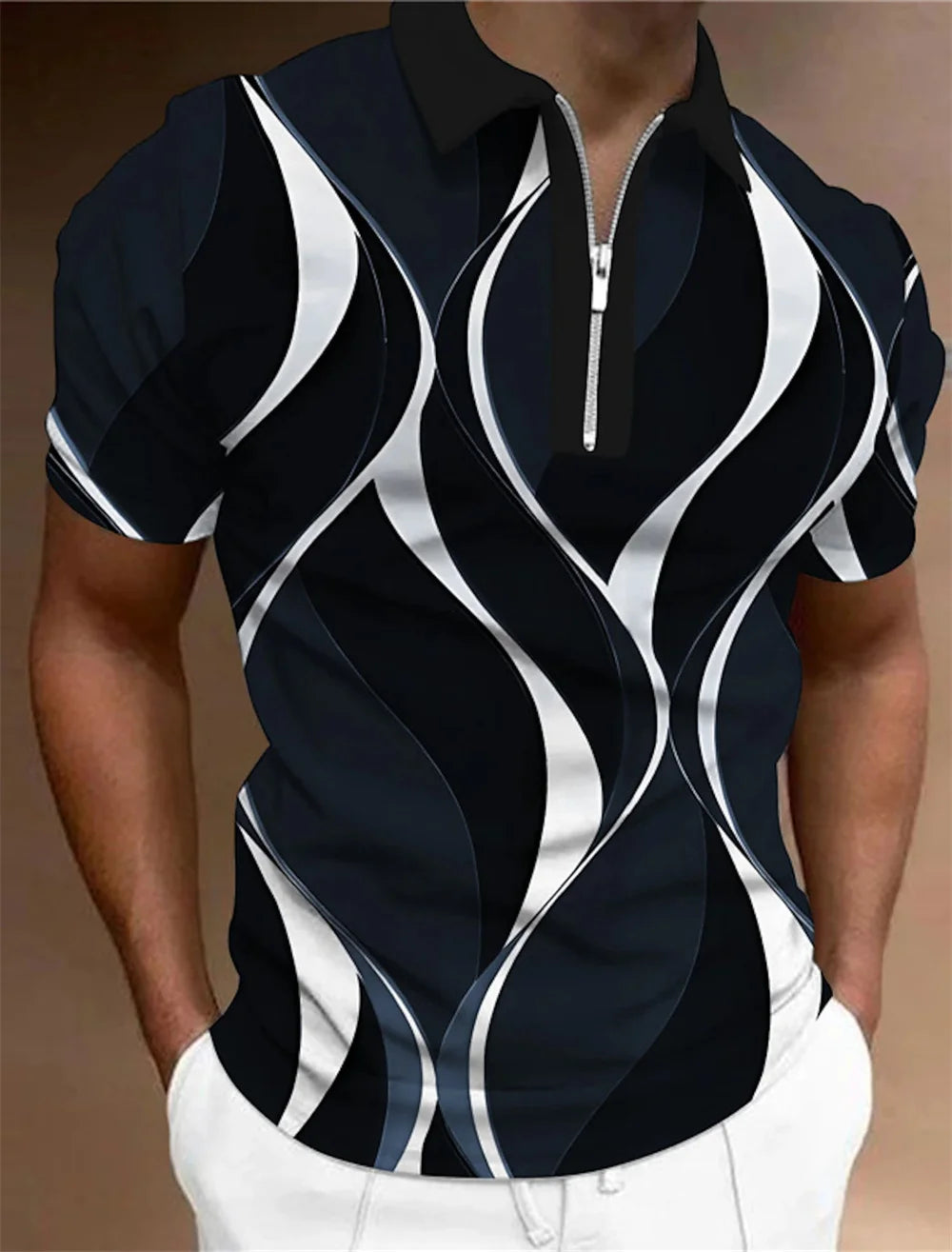 Men'S Zip Polo Lapel Polo Shirt Golf Shirts Graphic Prints Geometry Linear Turndown Short Sleeves Zipper Clothing Tops Designer