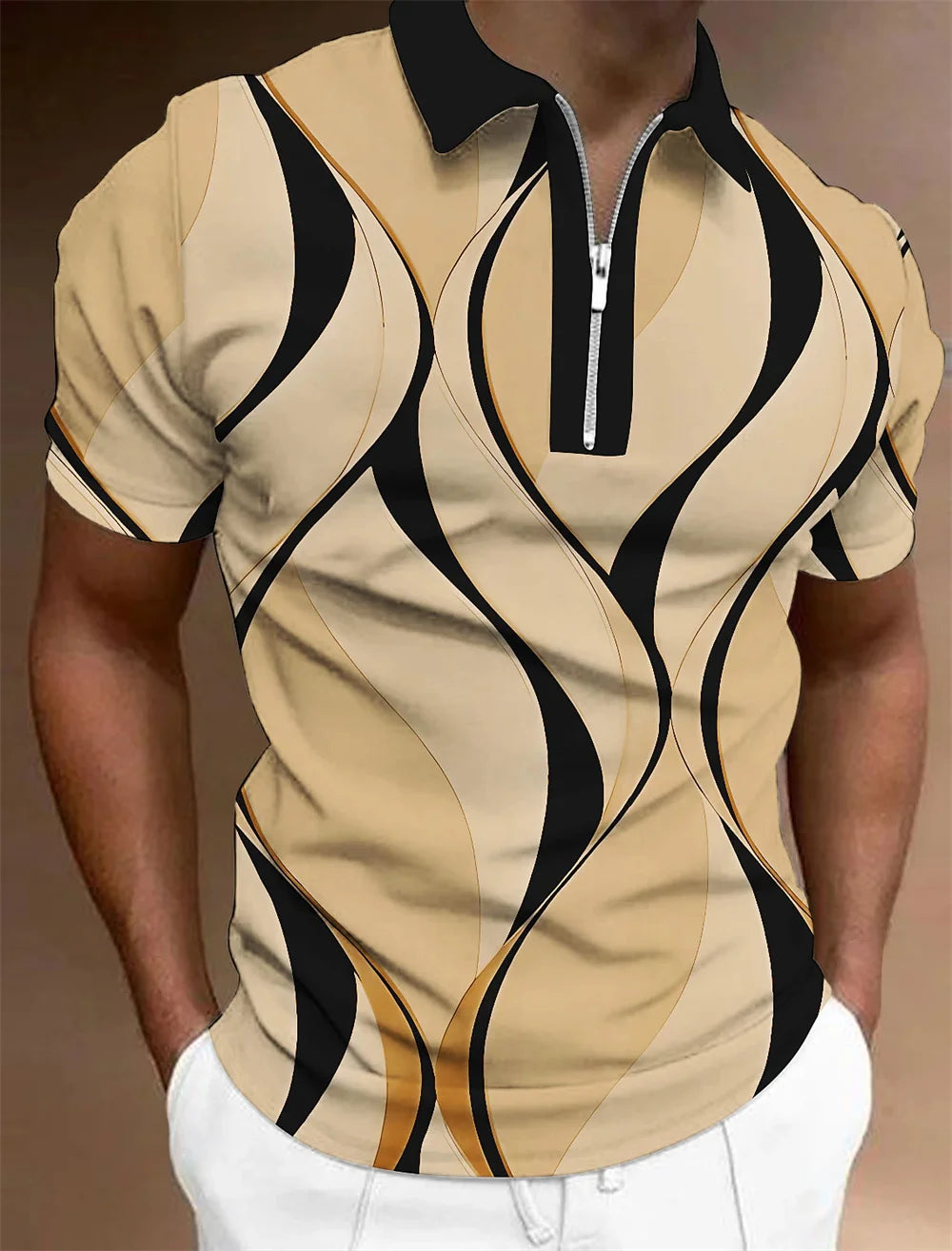 Men'S Zip Polo Lapel Polo Shirt Golf Shirts Graphic Prints Geometry Linear Turndown Short Sleeves Zipper Clothing Tops Designer