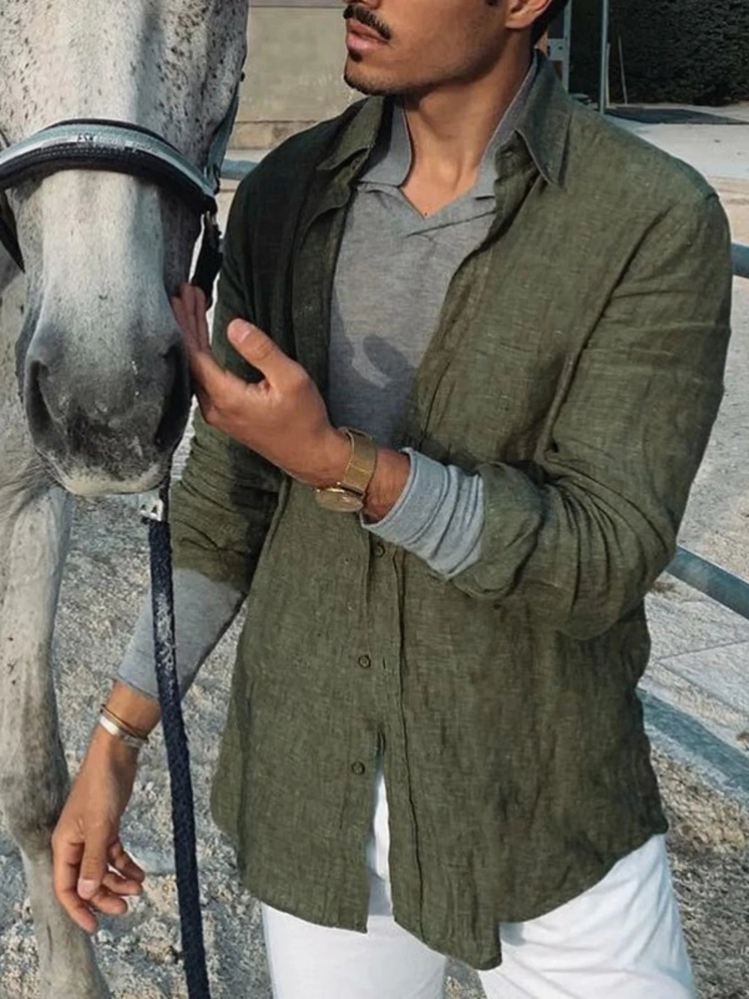 Men's casual fashion solid color thin long-sleeved shirt, lapel cardigan, suitable for outdoor activities Secondary image