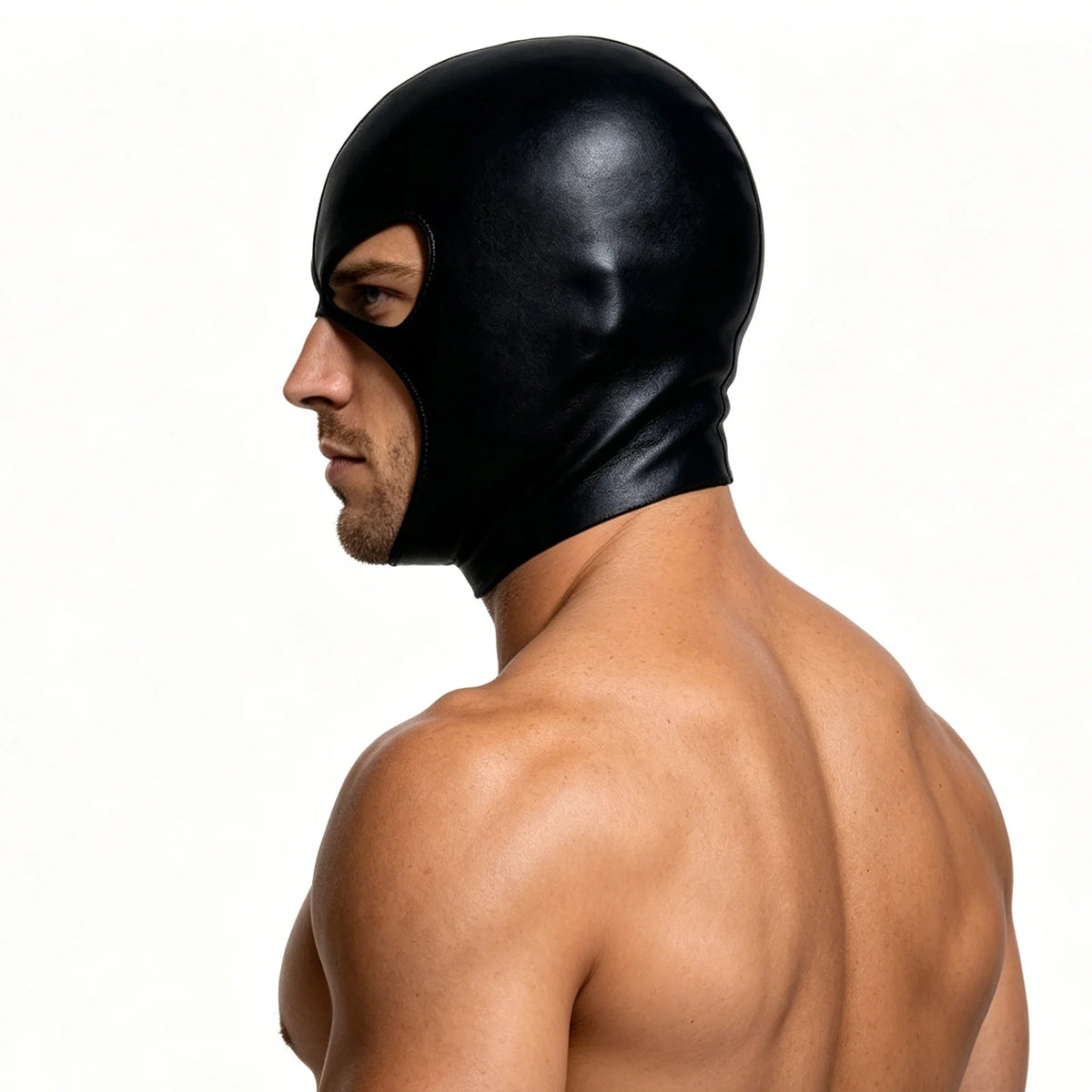 Cosplay Hood Head Faux Leather Mask Men Headgear Wet-Look Black 3 Holes Cover Face Mask CS Halloween Carnival Role Play