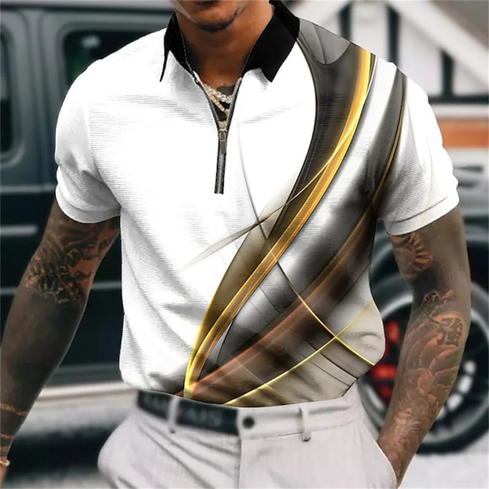 Men'S Zip Polo Lapel Polo Shirt Golf Shirts Graphic Prints Geometry Linear Turndown Short Sleeves Zipper Clothing Tops Designer