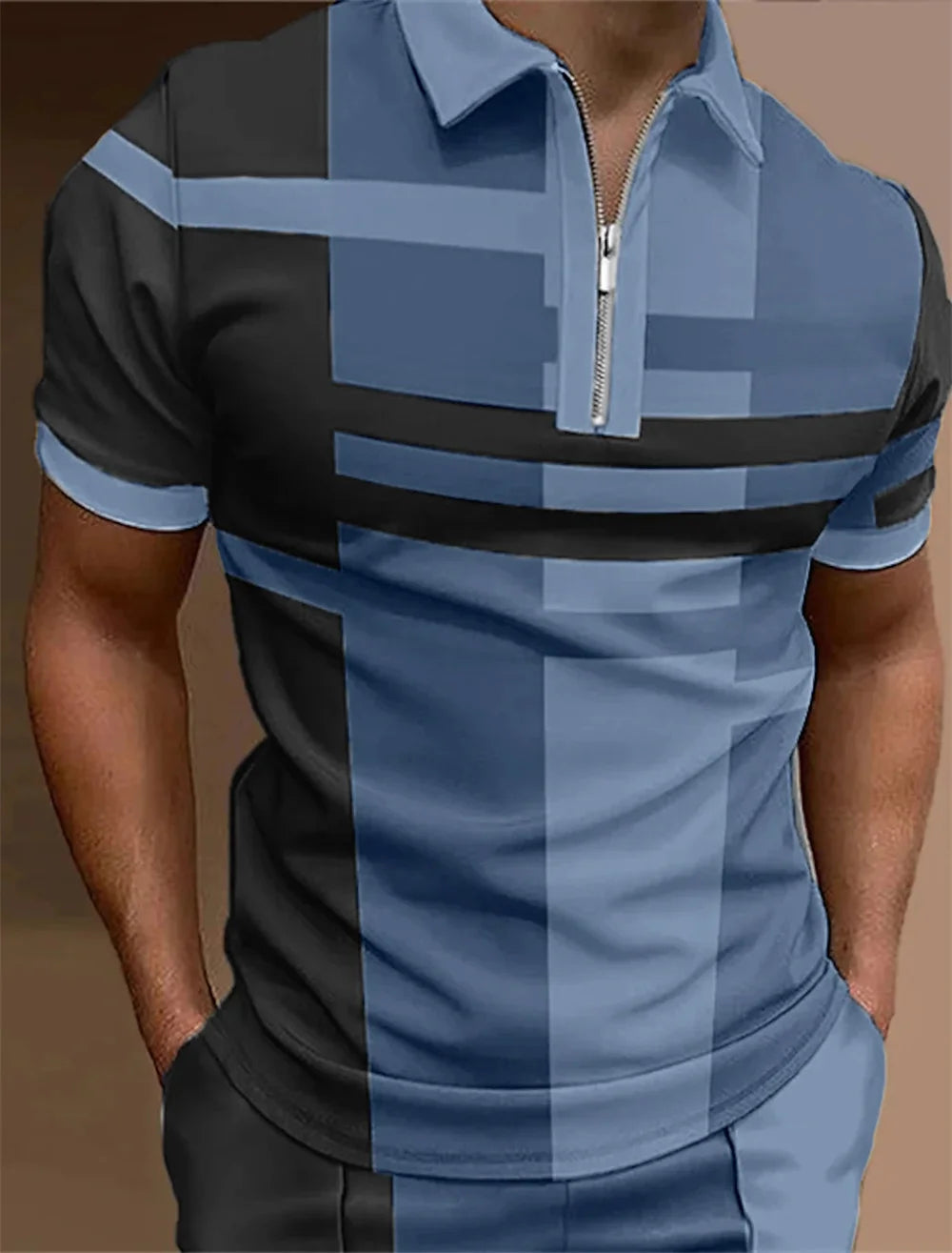 Men'S Zip Polo Lapel Polo Shirt Golf Shirts Graphic Prints Geometry Linear Turndown Short Sleeves Zipper Clothing Tops Designer