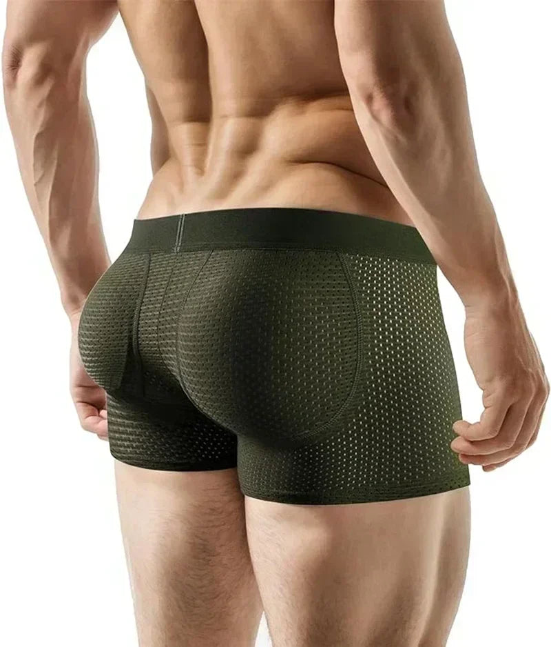 Men's Sexy Ice Mesh Breathable Butt Lift Boxer Briefs Underwear, Comfy Padded with Hip Pad Buttocks Trunk