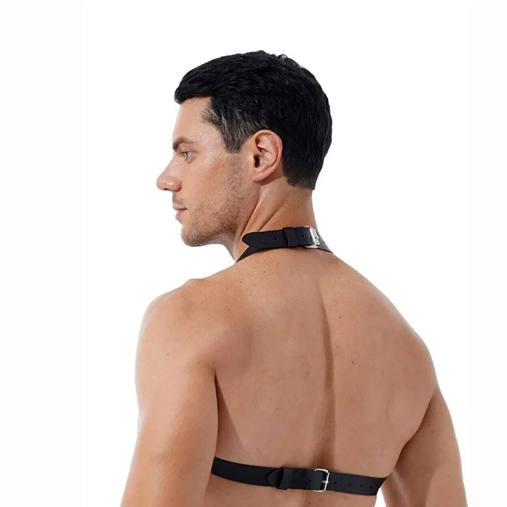 Back of the chest harness worn on a model, showing the adjustable horizontal strap