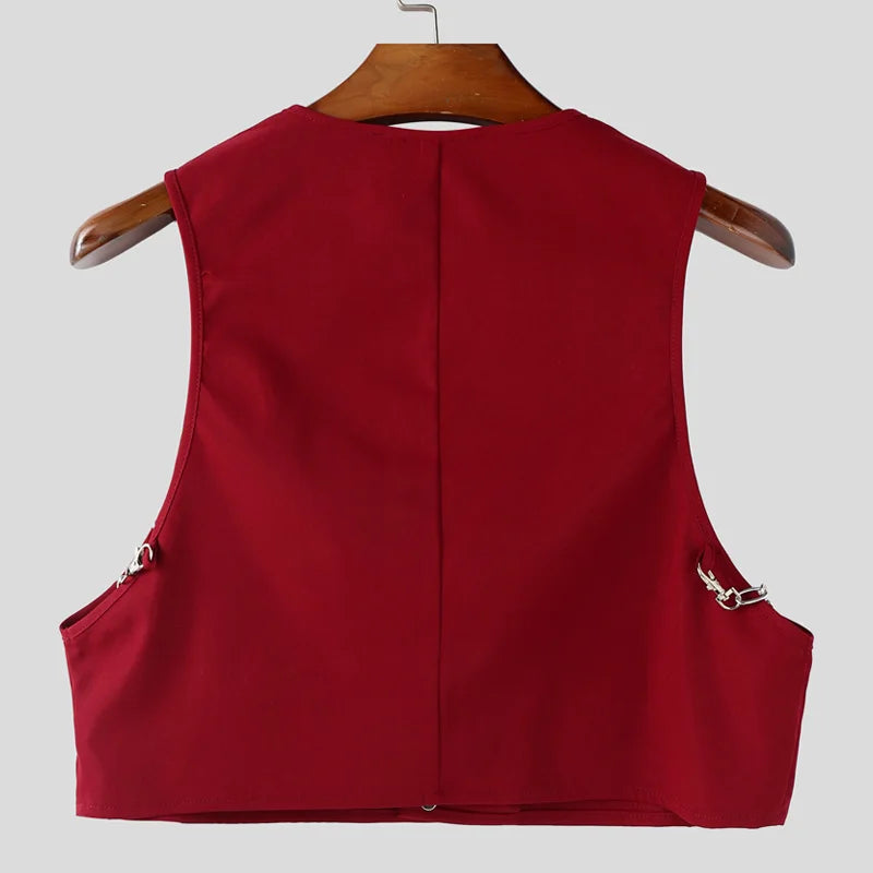 INCERUN Men Vests Solid Color Chain Decoration V Neck Sleeveless Crop Tops Men Streetwear Fashion Casual Male Waistcoats S-3XL