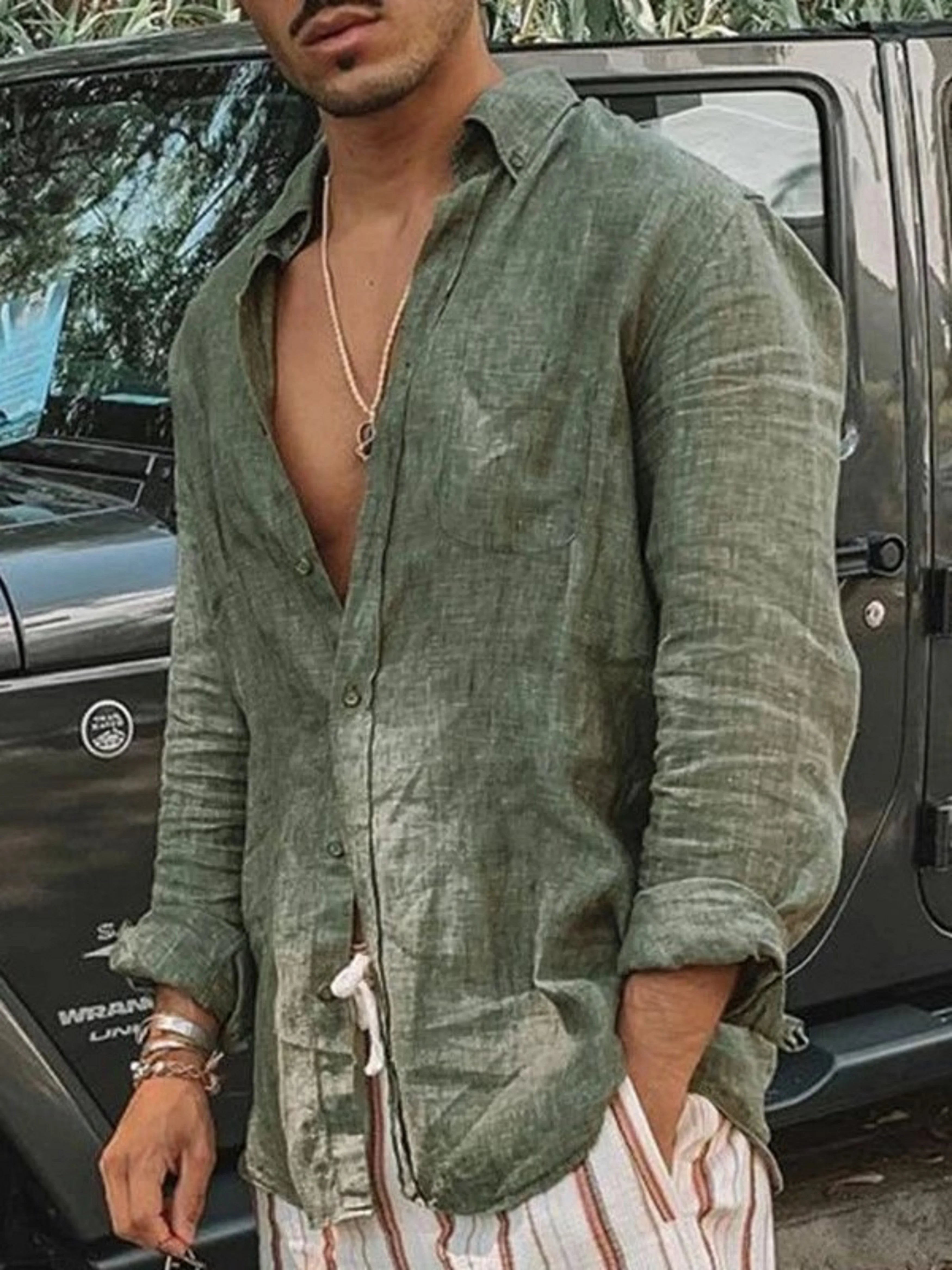 Men's casual fashion solid color thin long-sleeved shirt, lapel cardigan, suitable for outdoor activities Main image