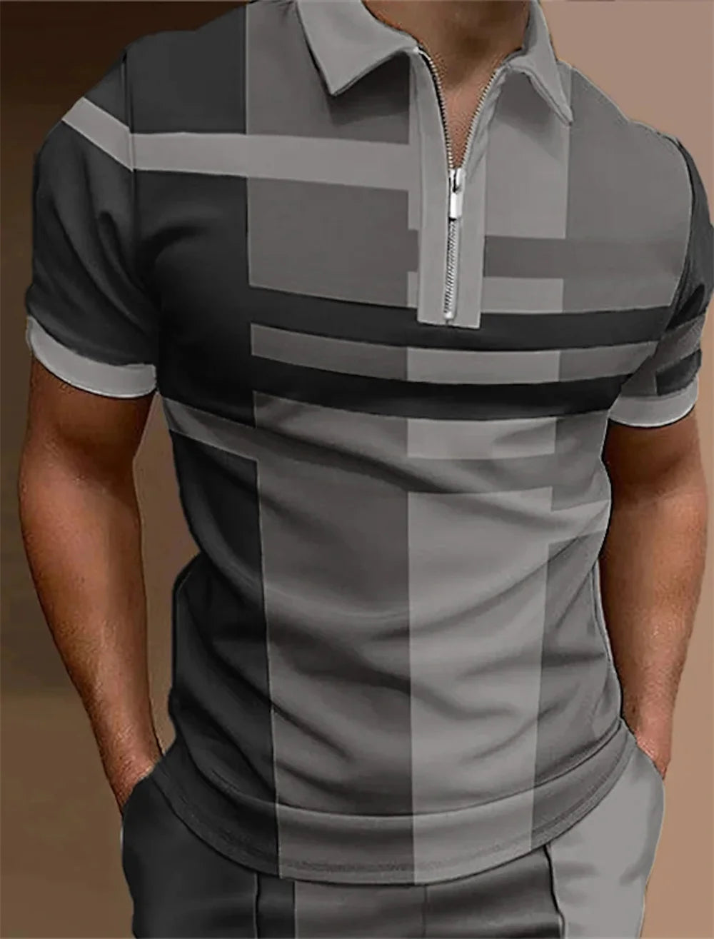 Men'S Zip Polo Lapel Polo Shirt Golf Shirts Graphic Prints Geometry Linear Turndown Short Sleeves Zipper Clothing Tops Designer
