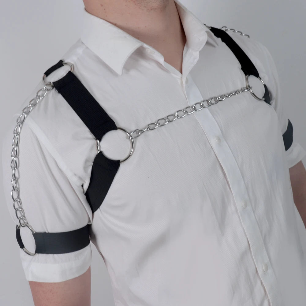 Men Adjustable Men Chest Harness with Metal Chain Punk Style Chest Suspender for Cosplay Party Halloween Valentine's Day