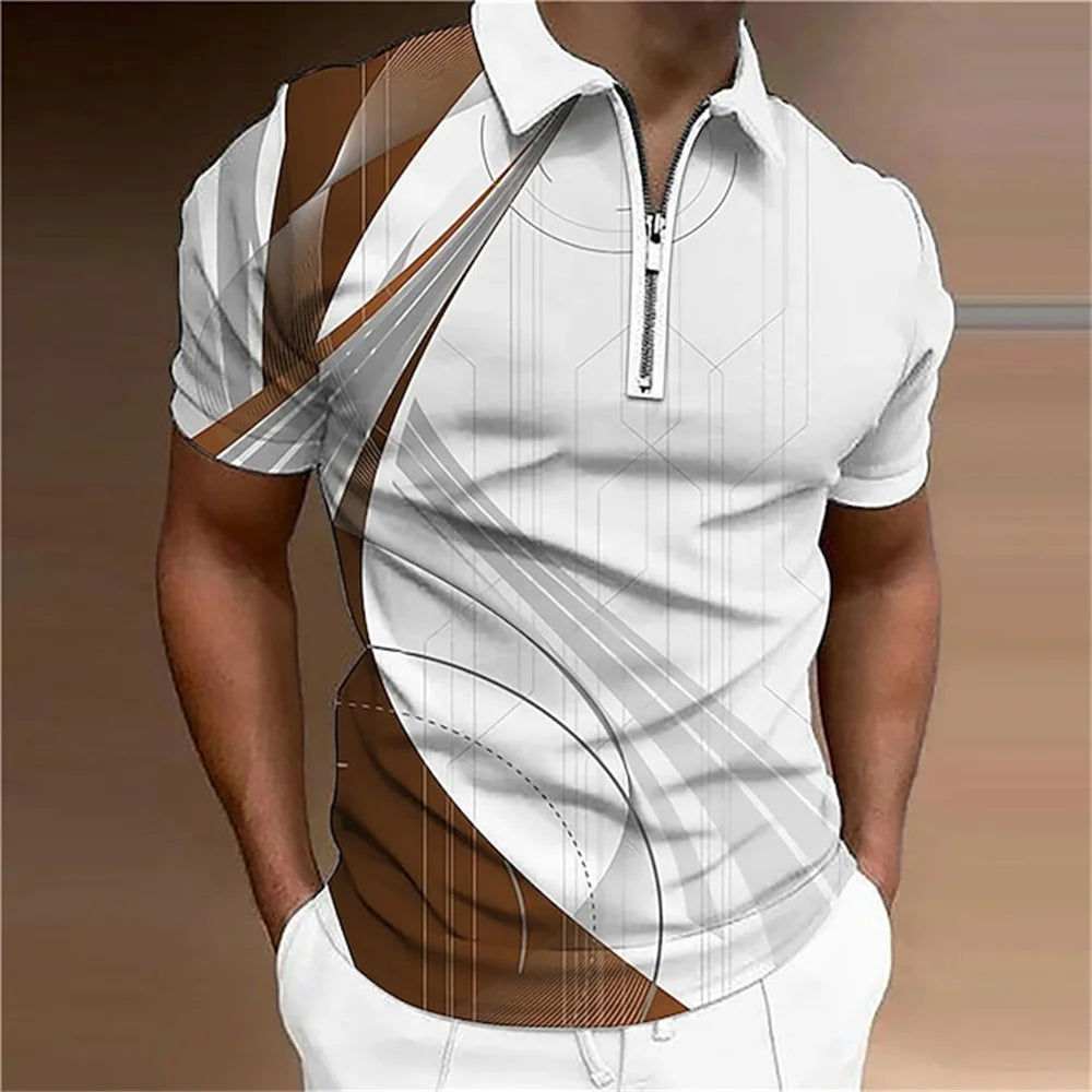 Men'S Zip Polo Lapel Polo Shirt Golf Shirts Graphic Prints Geometry Linear Turndown Short Sleeves Zipper Clothing Tops Designer