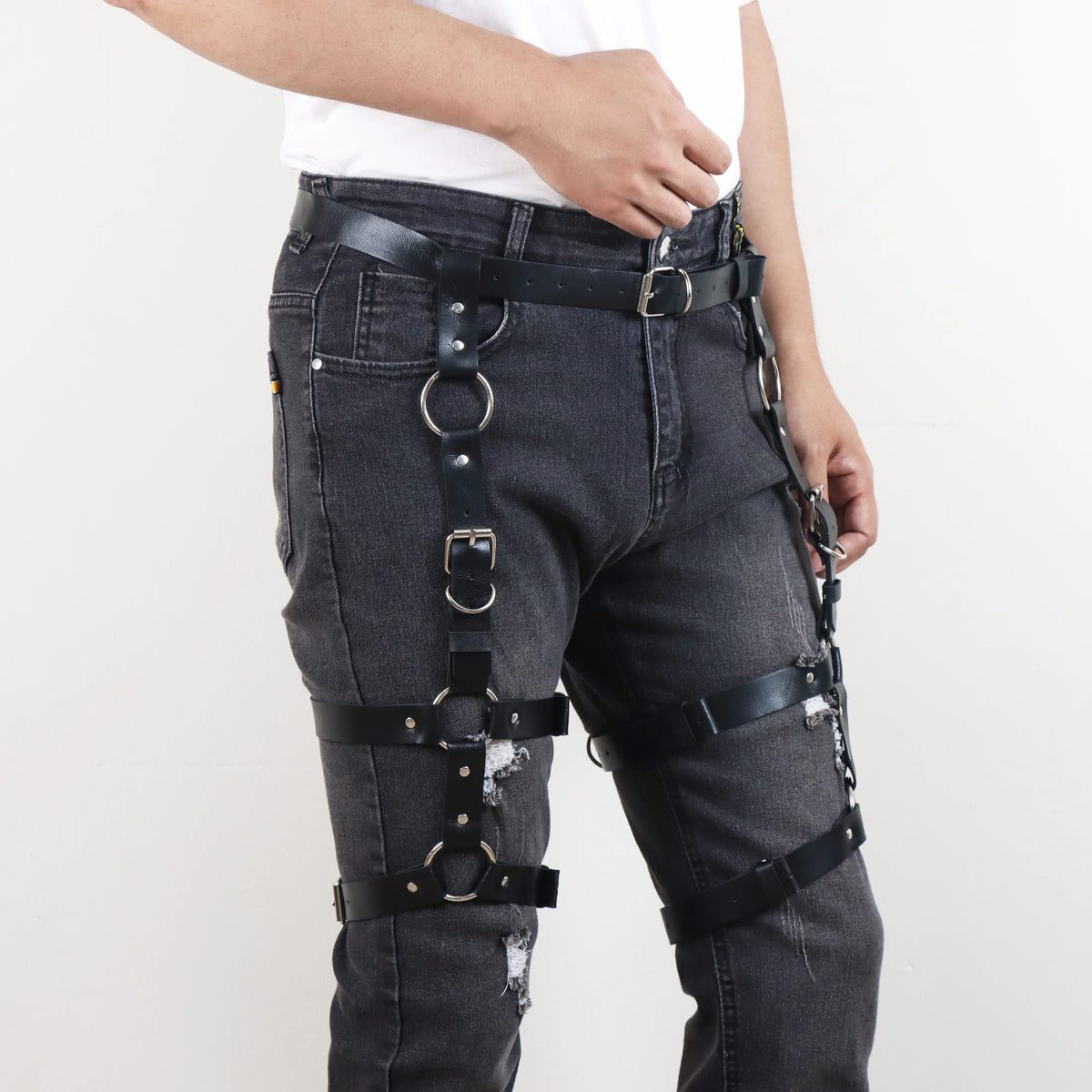 1PC Men's Punk Leather Thigh Harness Garter Belt With Leg Rings