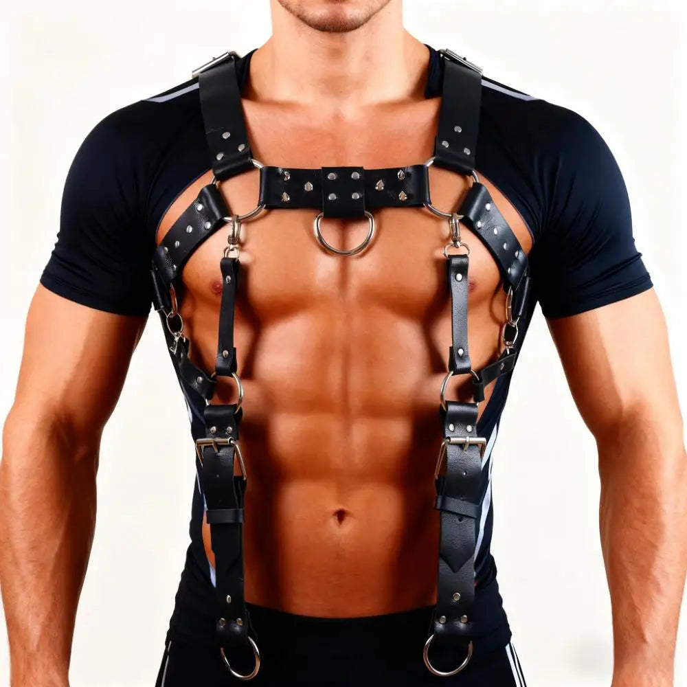 Black chest strap harness worn over an open black top Main image