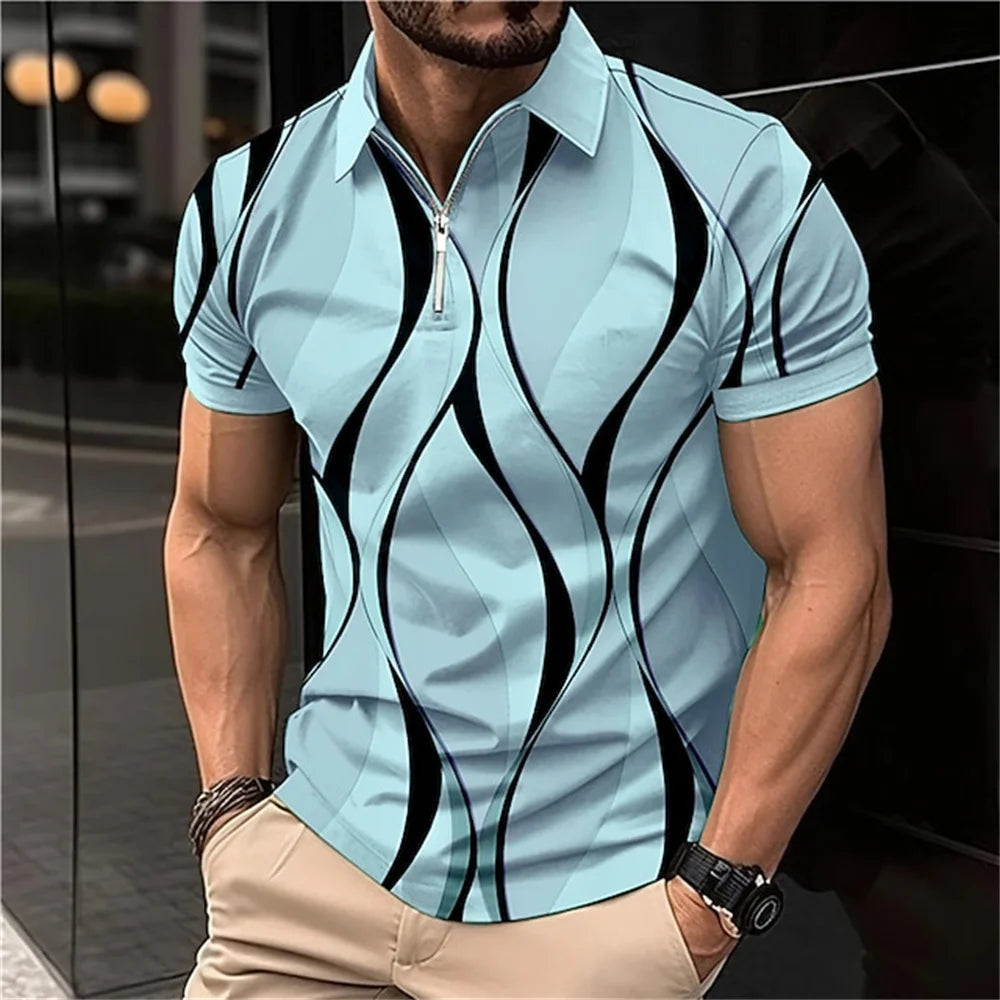 Men'S Zip Polo Lapel Polo Shirt Golf Shirts Graphic Prints Geometry Linear Turndown Short Sleeves Zipper Clothing Tops Designer
