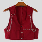 INCERUN Men Vests Solid Color Chain Decoration V Neck Sleeveless Crop Tops Men Streetwear Fashion Casual Male Waistcoats S-3XL
