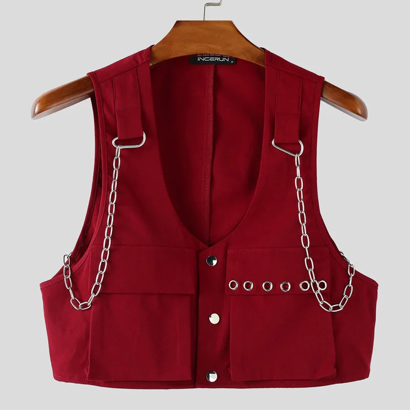 INCERUN Men Vests Solid Color Chain Decoration V Neck Sleeveless Crop Tops Men Streetwear Fashion Casual Male Waistcoats S-3XL
