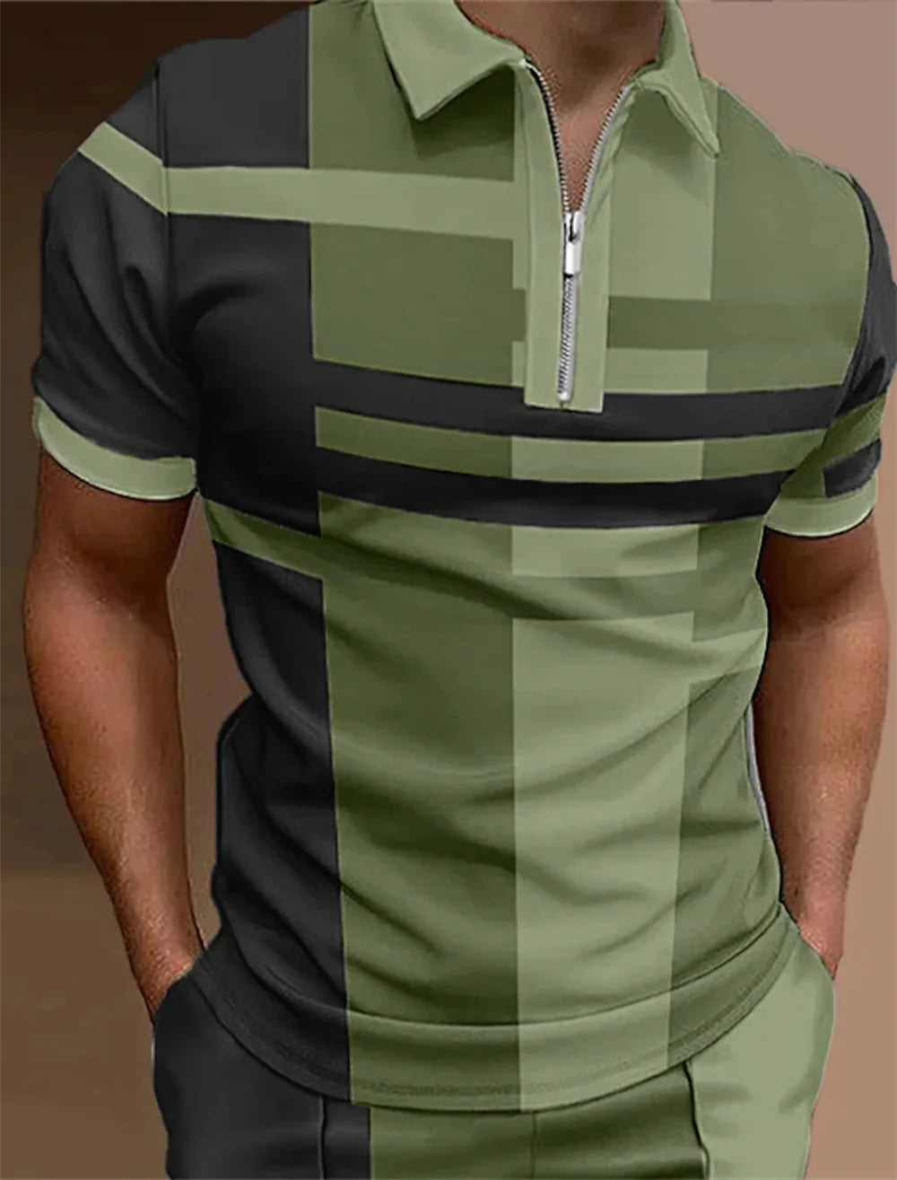 Men'S Zip Polo Lapel Polo Shirt Golf Shirts Graphic Prints Geometry Linear Turndown Short Sleeves Zipper Clothing Tops Designer