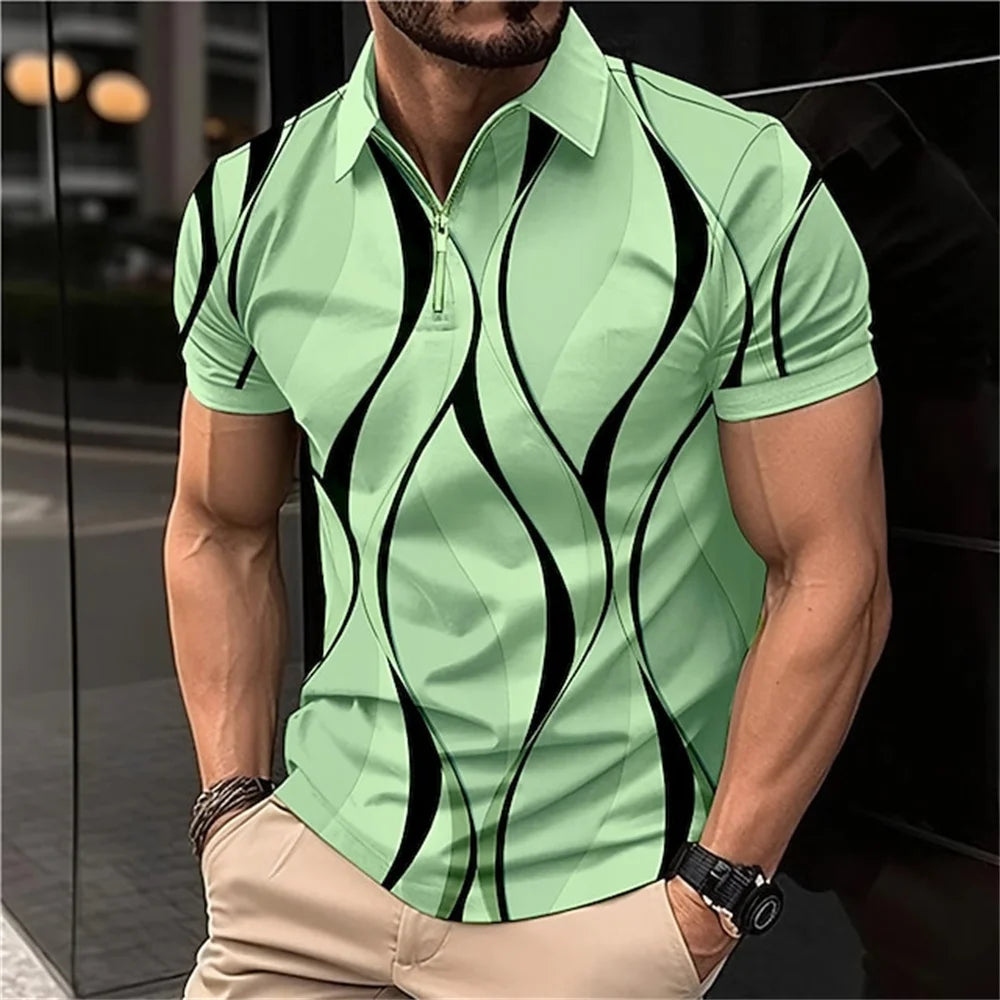 Men'S Zip Polo Lapel Polo Shirt Golf Shirts Graphic Prints Geometry Linear Turndown Short Sleeves Zipper Clothing Tops Designer