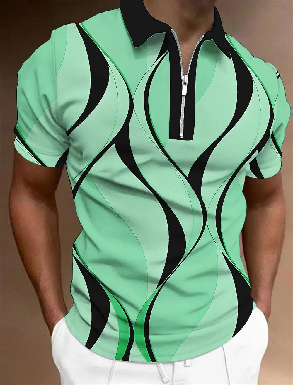 Men'S Zip Polo Lapel Polo Shirt Golf Shirts Graphic Prints Geometry Linear Turndown Short Sleeves Zipper Clothing Tops Designer