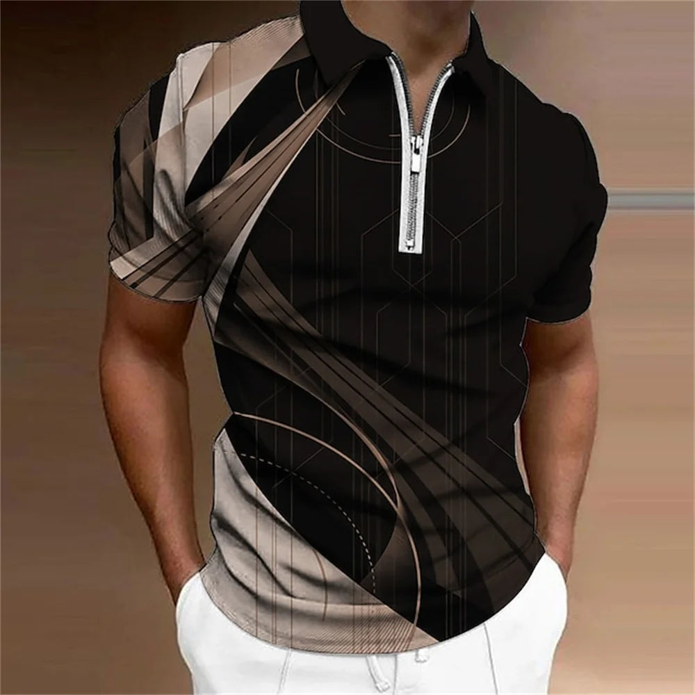 Men'S Zip Polo Lapel Polo Shirt Golf Shirts Graphic Prints Geometry Linear Turndown Short Sleeves Zipper Clothing Tops Designer