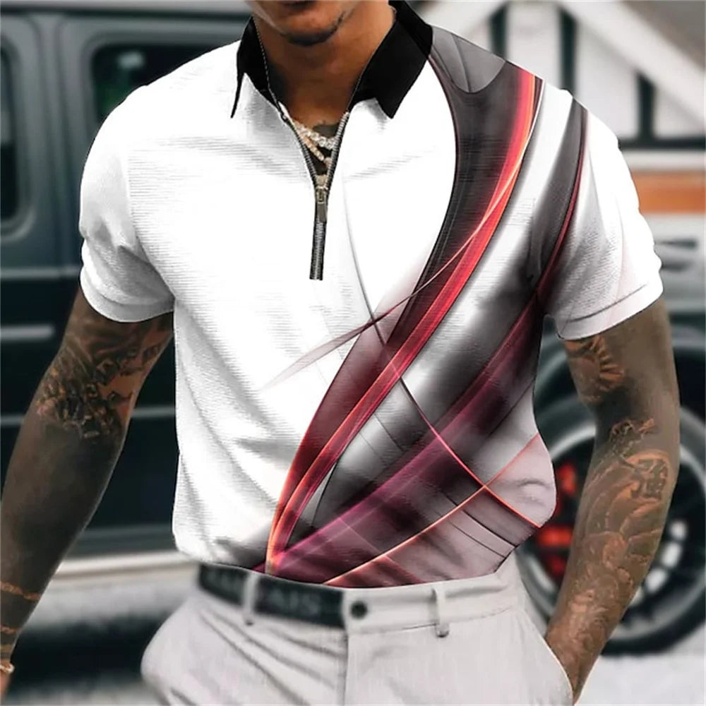 Men'S Zip Polo Lapel Polo Shirt Golf Shirts Graphic Prints Geometry Linear Turndown Short Sleeves Zipper Clothing Tops Designer