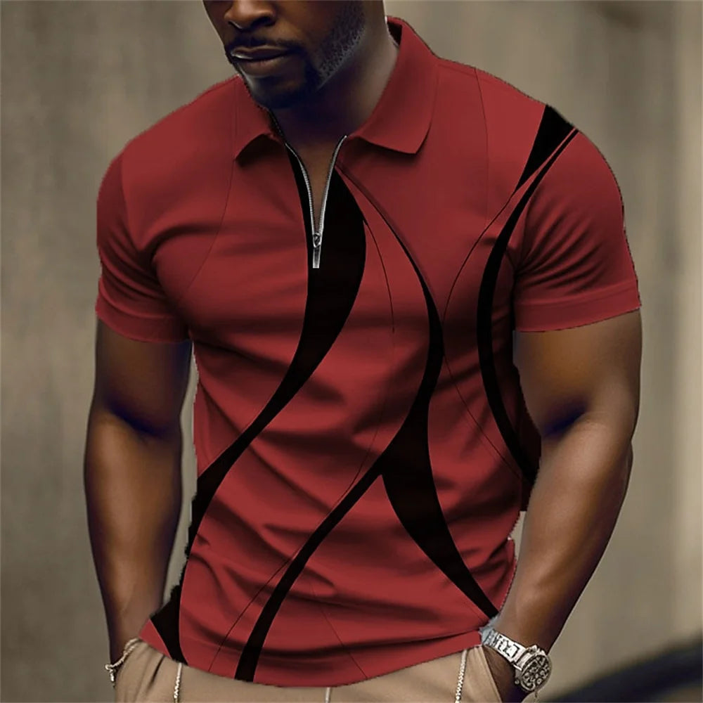 Men'S Zip Polo Lapel Polo Shirt Golf Shirts Graphic Prints Geometry Linear Turndown Short Sleeves Zipper Clothing Tops Designer