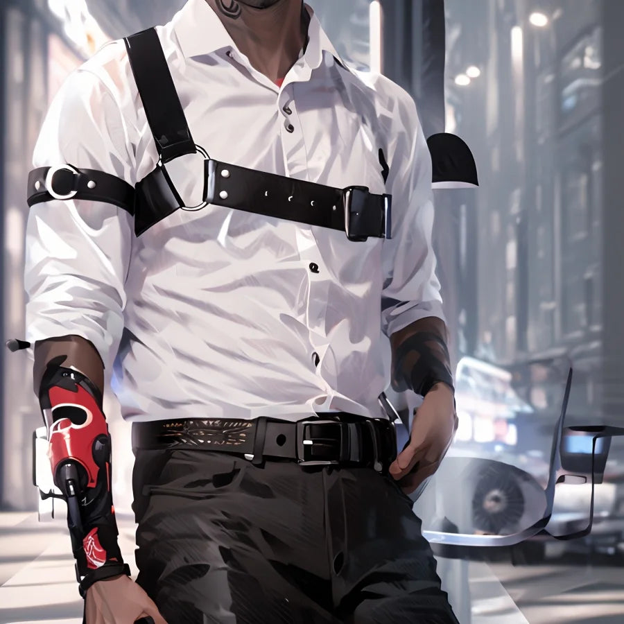 Illustration of a black chest harness and upper-arm strap styled over a white shirt Main image