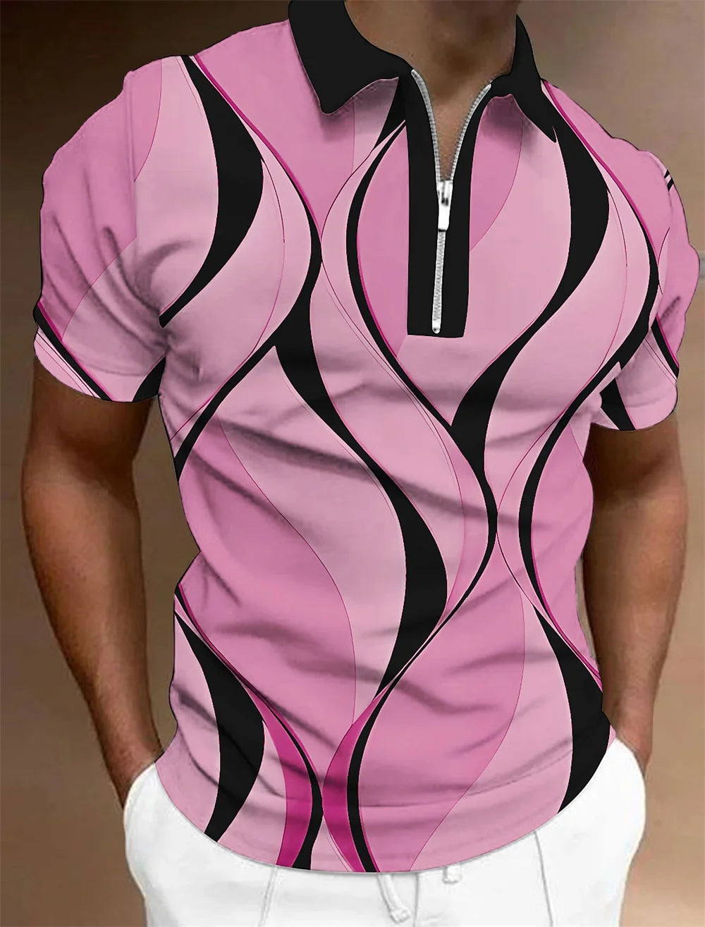 Men'S Zip Polo Lapel Polo Shirt Golf Shirts Graphic Prints Geometry Linear Turndown Short Sleeves Zipper Clothing Tops Designer
