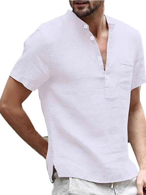 Men's Full Size Casual Linen Henley Short Sleeve Shirt Plus Size
