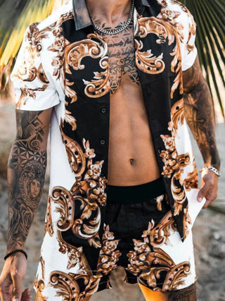 Men's Plus Size Printed Button Up Short Sleeve Shirt and Shorts Set