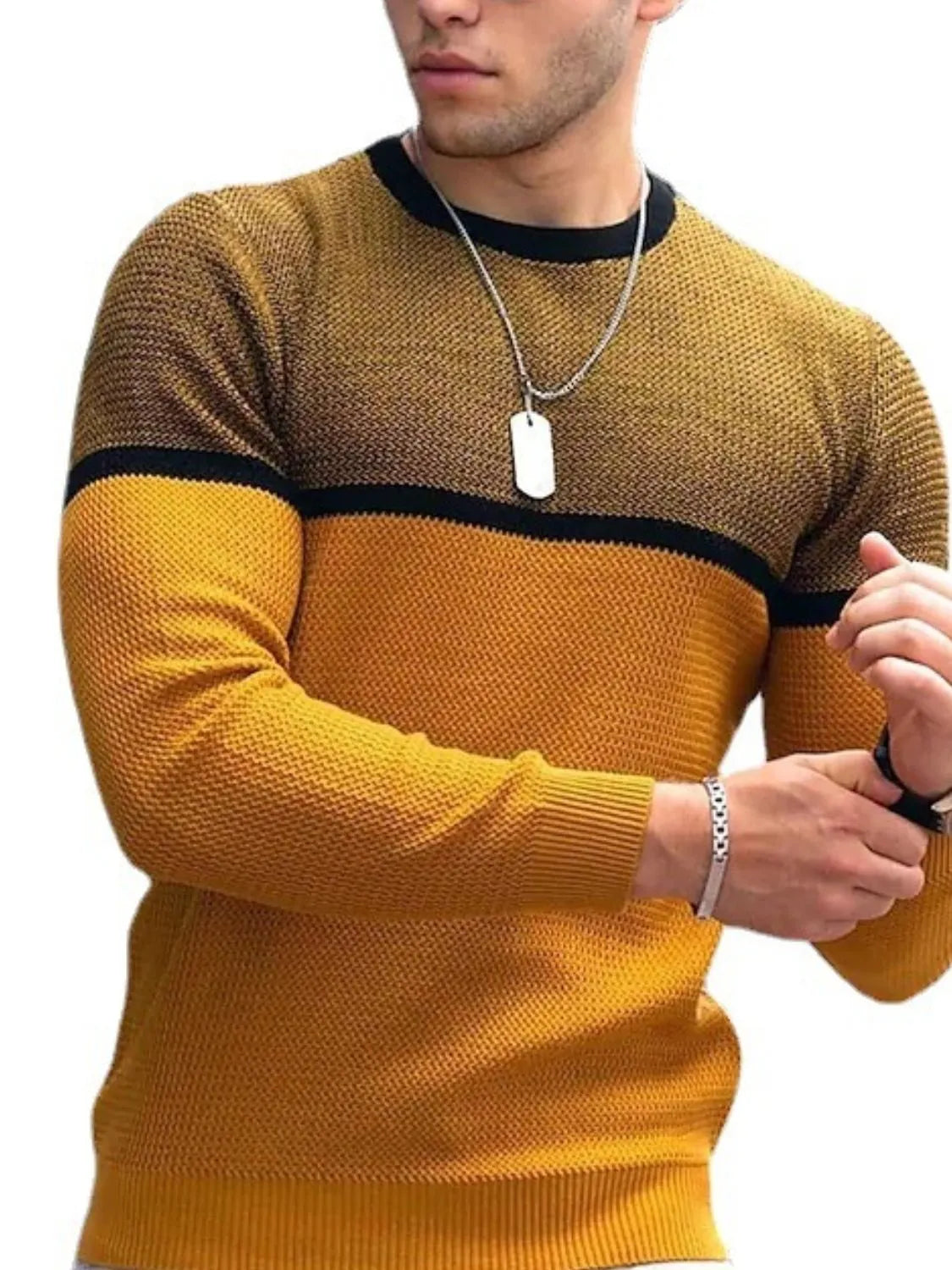 back view – Men's Full Size Contrast Round Neck Long Sleeve T-Shirt | Bara Bros