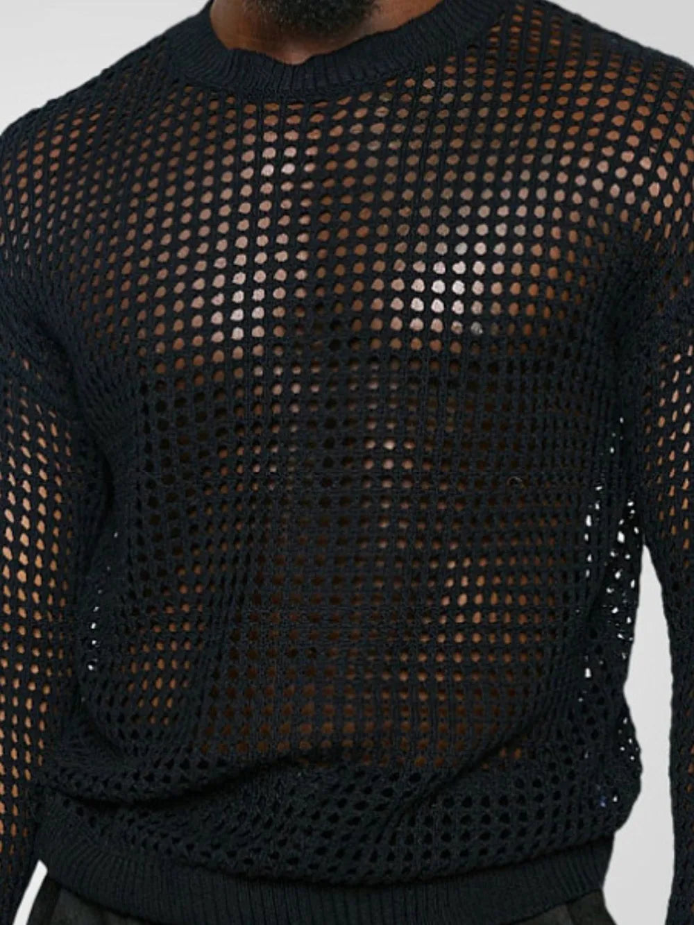 Men's Full Size Hollow Out Round Neck Long Sleeve Top Plus Size Secondary image