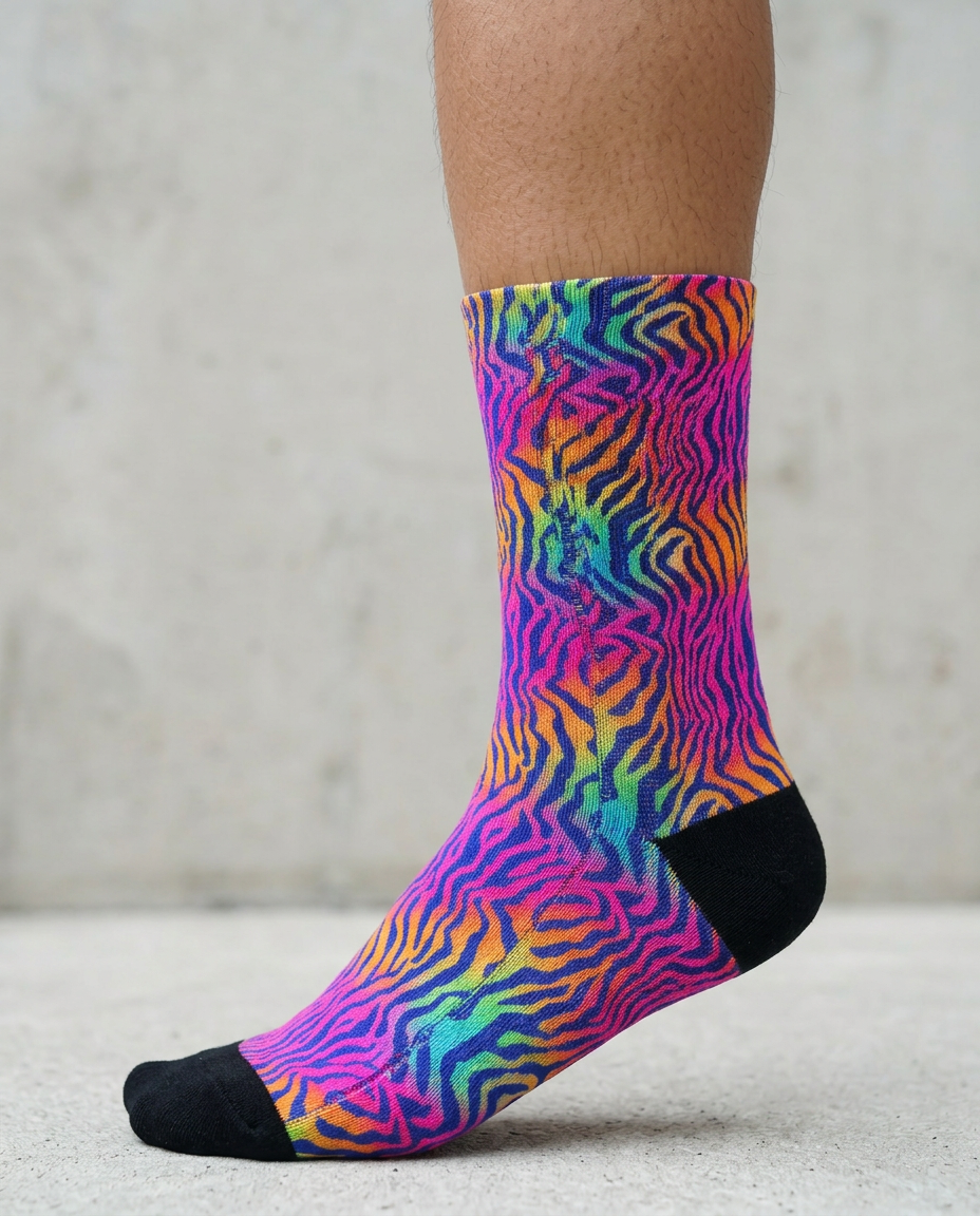A single crew sock worn on a person's foot, featuring a vivid neon zebra-like wavy pattern in pink, purple, blue, green, and orange, with solid black heels and toes, set against a neutral concrete background. Main image