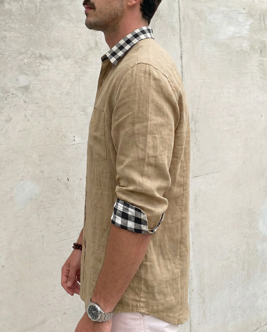 Men's Full Size Casual Linen Plaid-Trim Button Down Shirt Plus Size