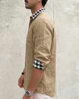 Men's Full Size Casual Linen Plaid-Trim Button Down Shirt Plus Size