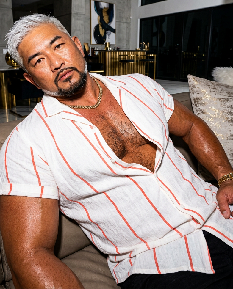 A muscular man with silver hair and a beard wearing a white linen shirt with thin red vertical stripes, sitting on a beige leather couch in a modern living room. Main image