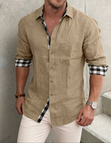 Men's Full Size Casual Linen Plaid-Trim Button Down Shirt Plus Size