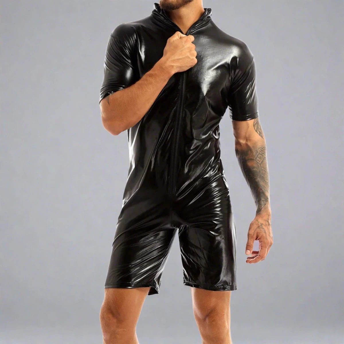 Men's Black Latex Catsuit Sexy Front Zipper Jumpsuit - Bara Bros Main image