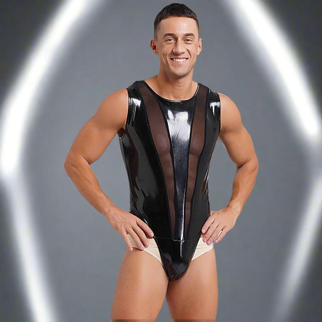 Men’s Wet Look Leather Mesh Bodysuit with Button Crotch - Bara Bros Main image