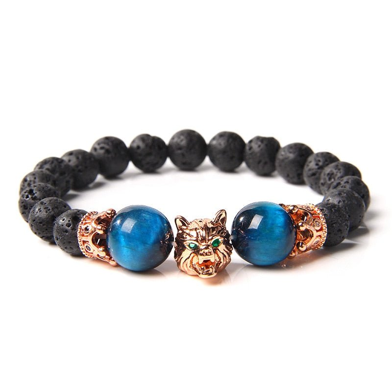Wolf Charm Bracelets Men Natural Black Lava Stone - Bara Bros
